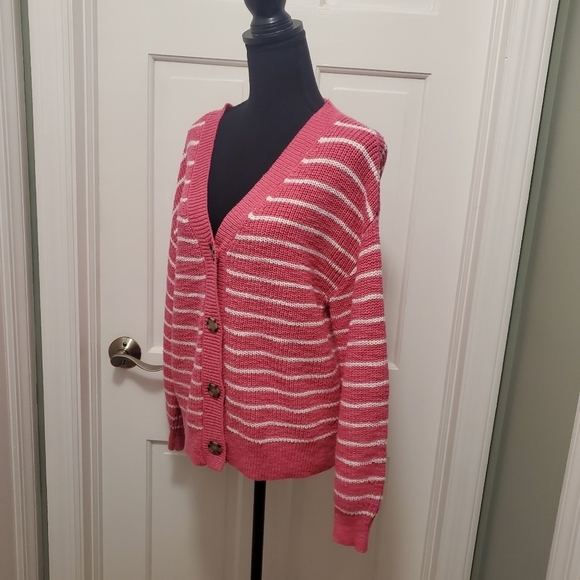 LOFT PINK & White Striped Chunky Knit Cardigan size Medium, Casual, Comfy - Picture 5 of 9